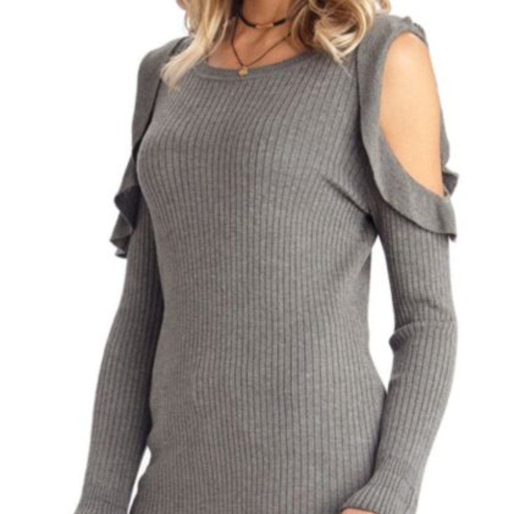 Democracy Ruffle Cold-Shoulder Sweater - Gray XS